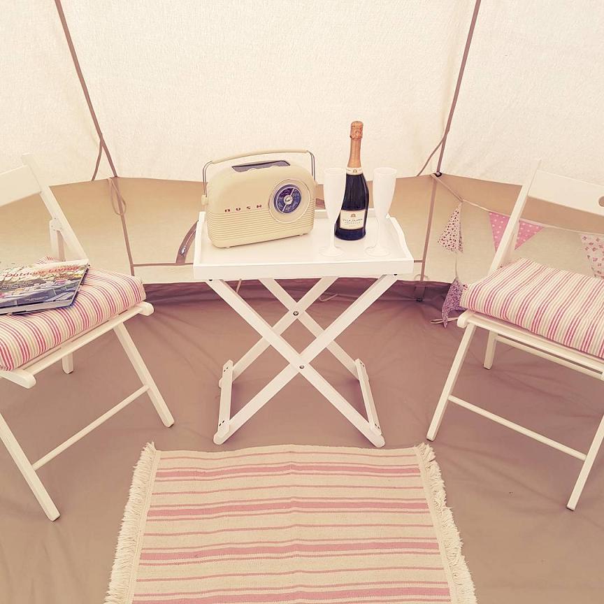 Bridal suite glamping tent with fizz